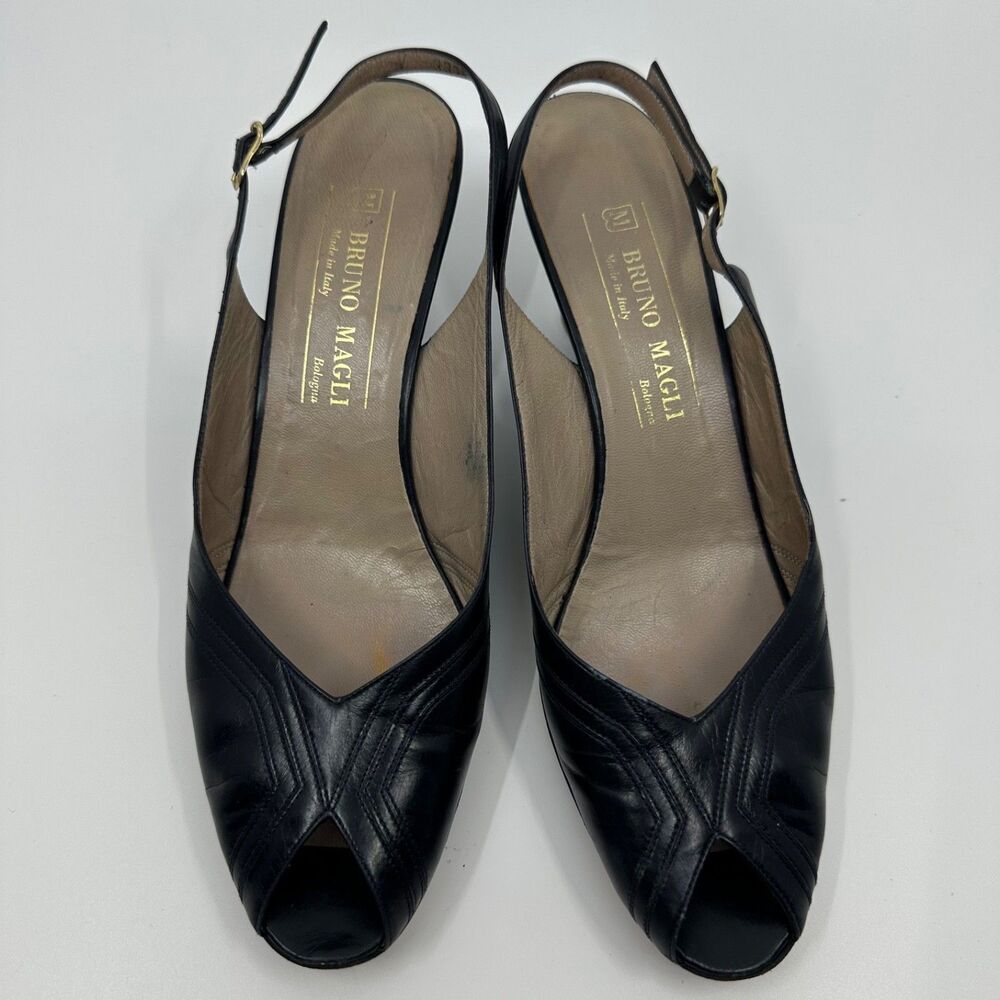 Vintage Bruno Magli Black Leather Slingback Peep Toe Heels Shoes Size 8 AA Italy